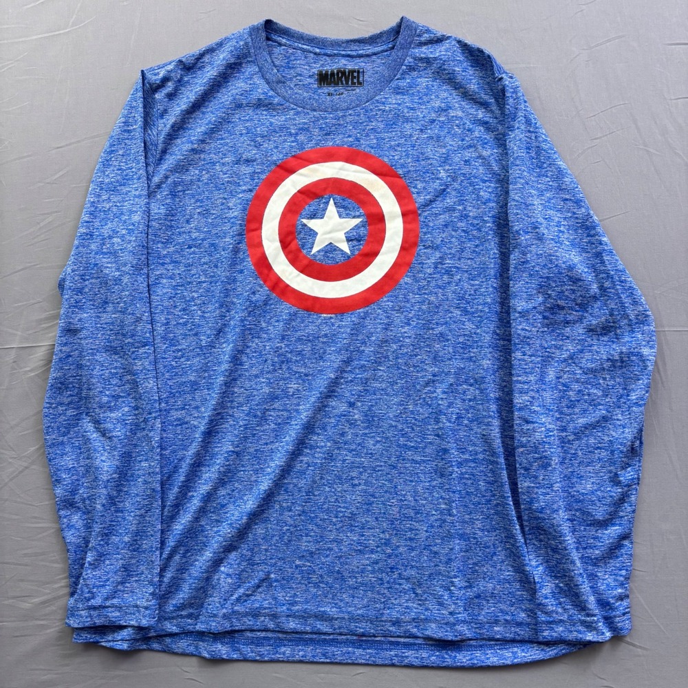 Marvel Captain America Mens XL Blue Heather Long Sleeve Shield‎ Graphic Shirt